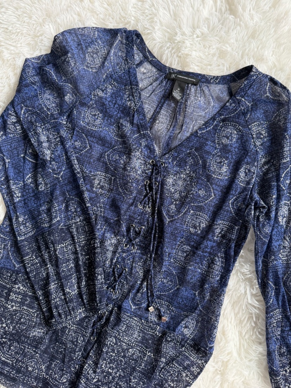 INC International Concepts Blue Printed Sheer Lace-Up Blouse Business Casual - Picture 2 of 6